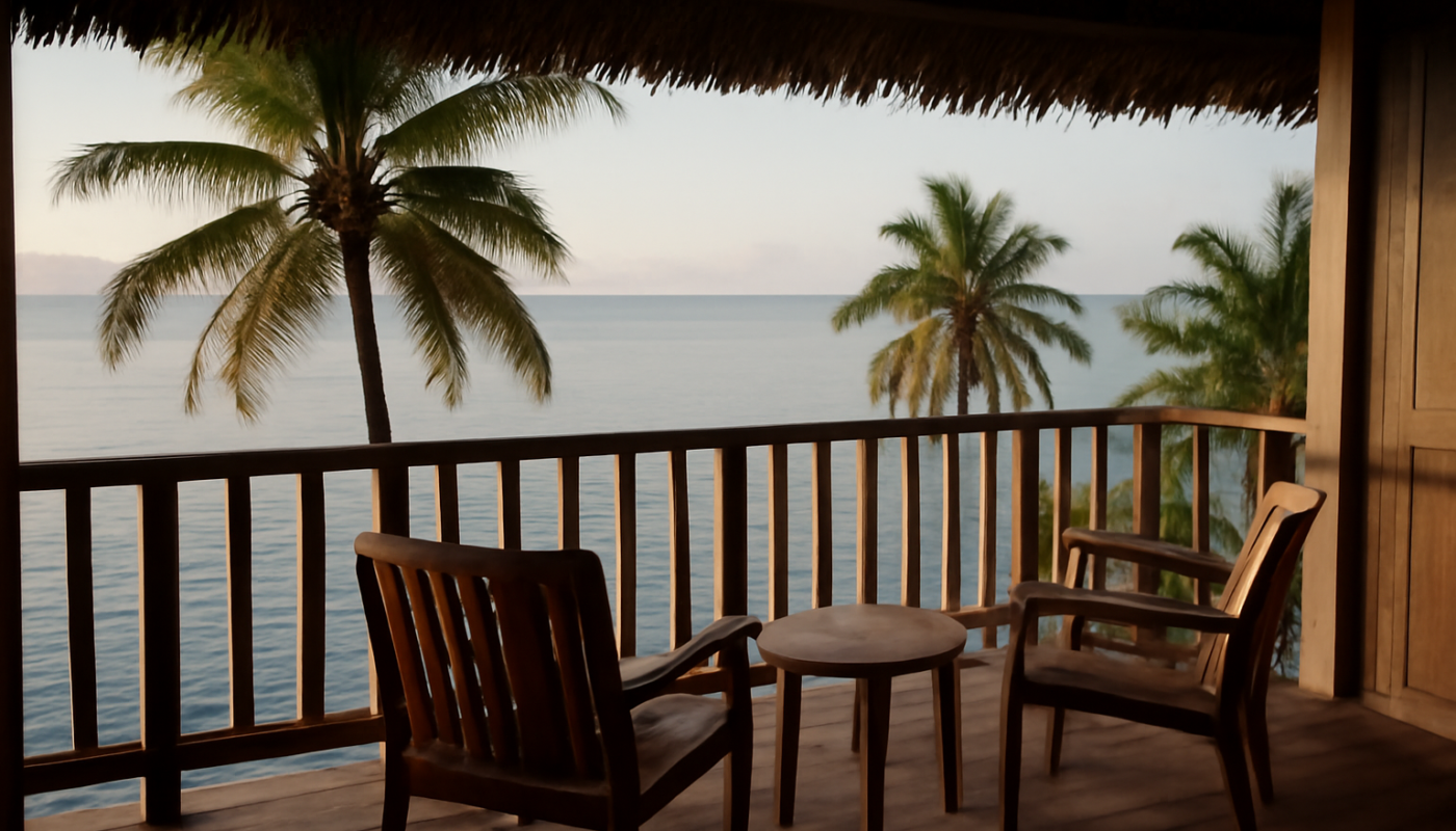 Balkon kamar hotel resort pulau menghadap laut dengan dua kursi dan meja kayu