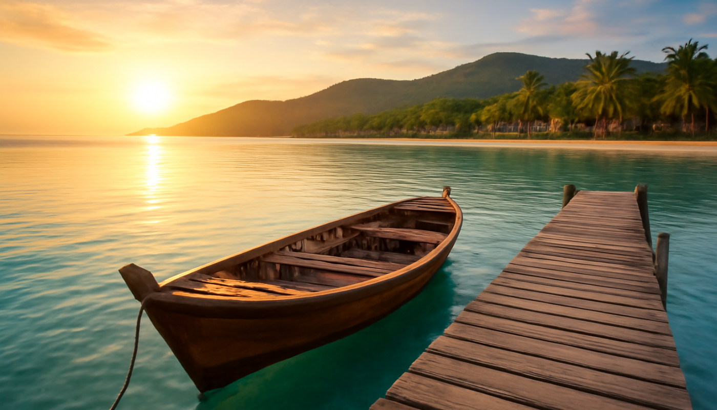 Perahu kayu bersandar di dermaga pulau tropis saat matahari terbit dengan resort di garis pantai