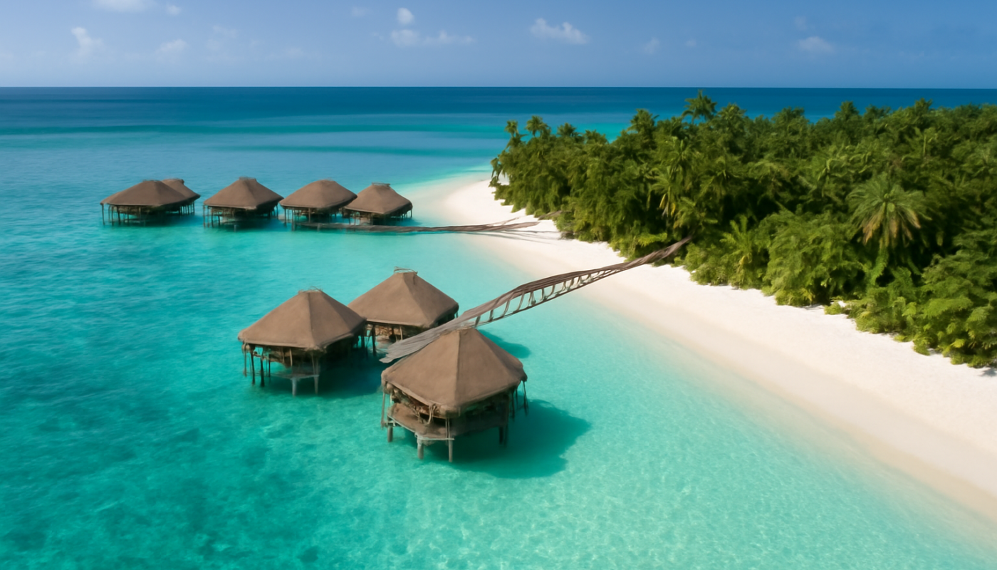 Pemandangan udara resort pulau dengan bungalow di atas air dan pantai berpasir putih