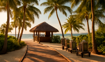 Jalan kayu menuju area resepsionis resort pulau dengan pepohonan palem di sore hari