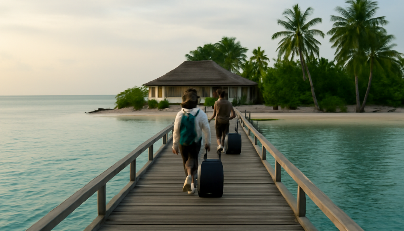 Dermaga kayu menuju resort pulau dengan perairan tenang pada pagi hari