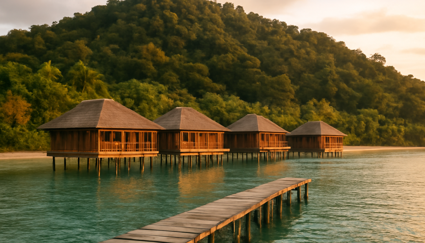 Deretan bungalow kayu resort pulau di atas air tenang dengan dermaga kayu menuju pantai