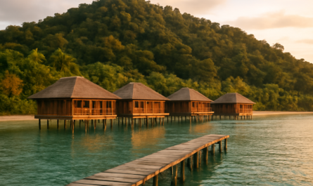 Deretan bungalow kayu resort pulau di atas air tenang dengan dermaga kayu menuju pantai