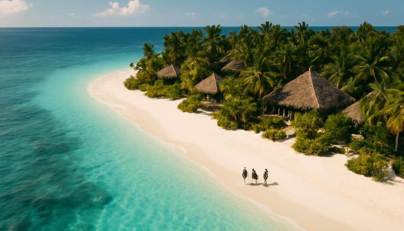 Pemandangan resor di pulau tropis dengan pantai berpasir putih dan air laut biru jernih
