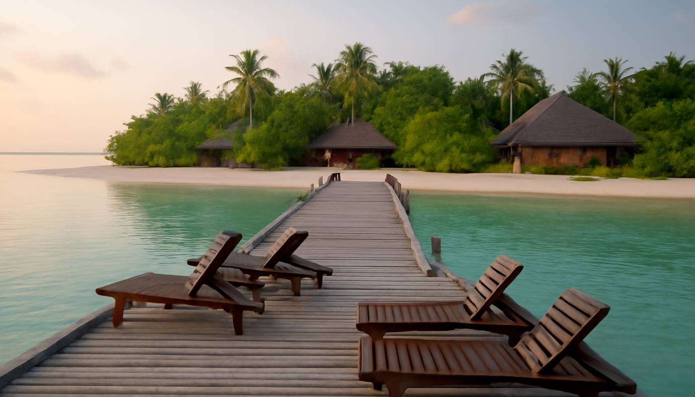 Dermaga kayu resort pulau tropis dengan air laut tenang pada pagi hari
